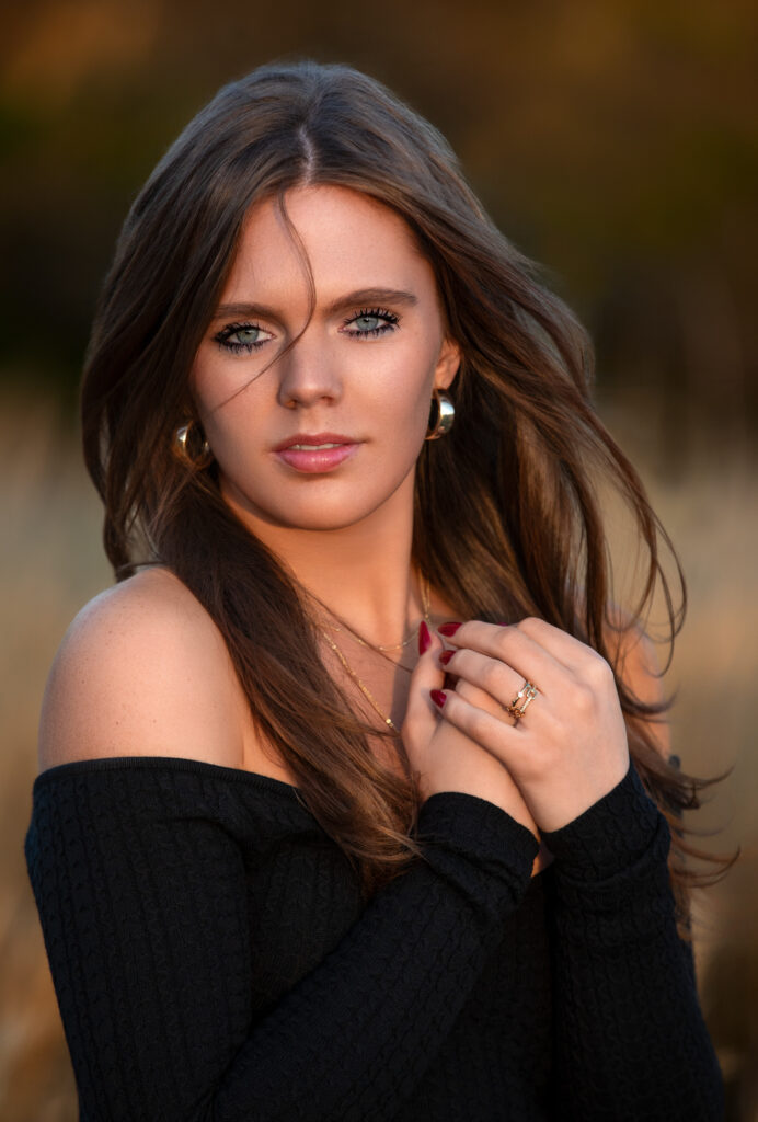 close up senior portrait at golden hour