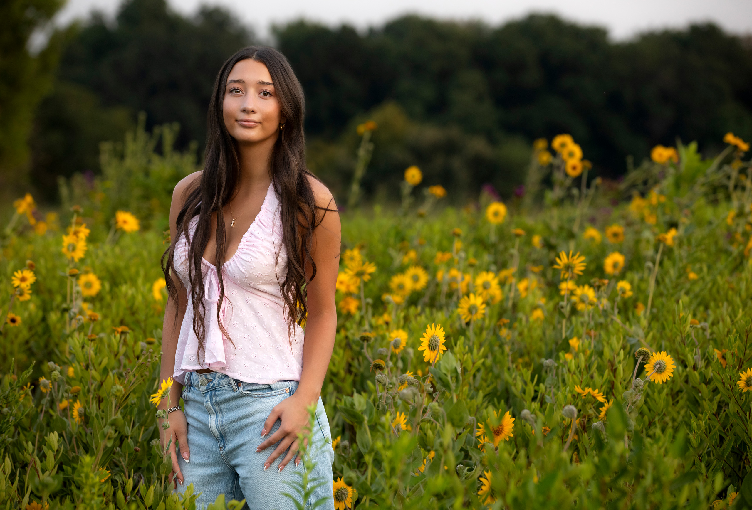 high school senior portrait in field of flowers